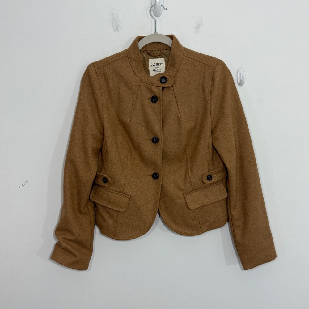 Old Navy Womens Jacket M Brown Camel Wool Blend Crop Academia Quiet Luxury